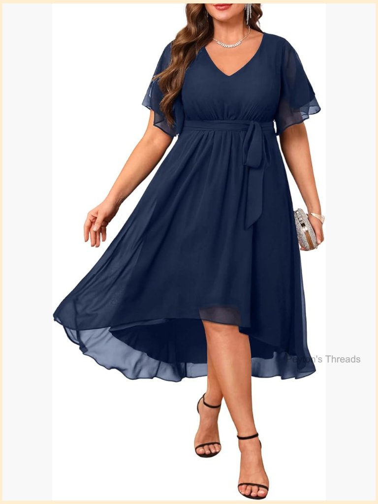 Plus Size Chiffon V Neck High Low Dress - Cocktail Wedding Guest